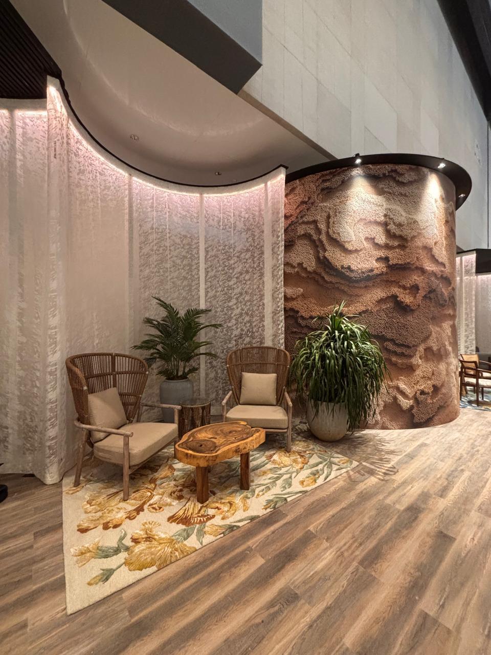 Exhibition space with stone column seating