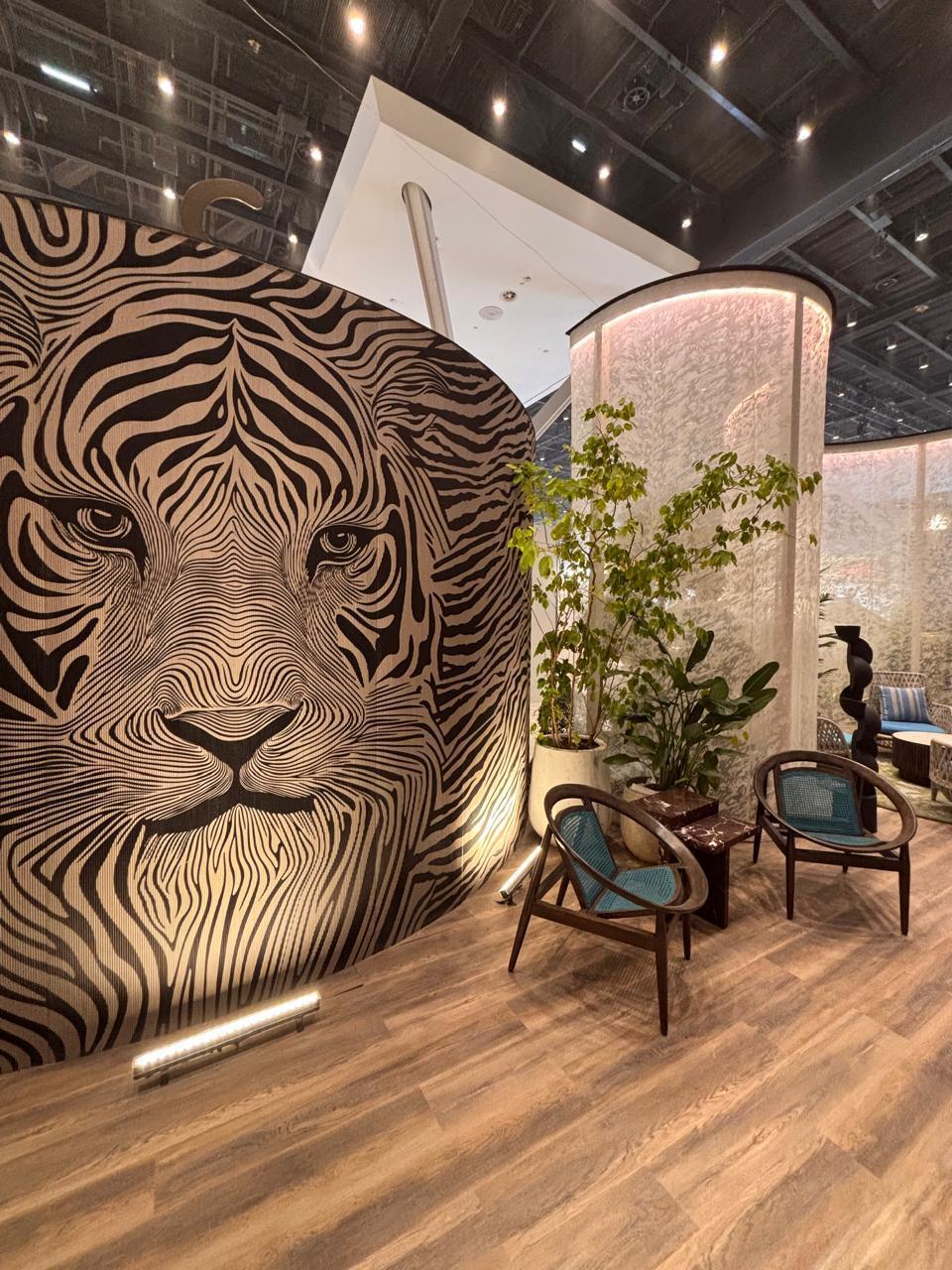 Exhibition image with a tiger mural